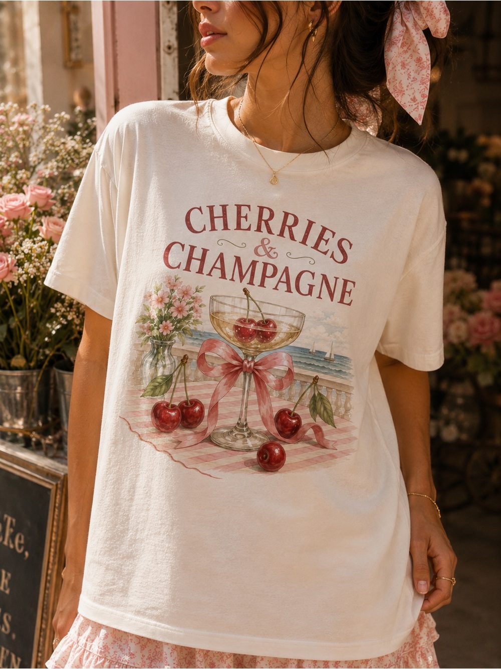Cherries & Champagne Graphic Tee - Cream with Red Details S-5x